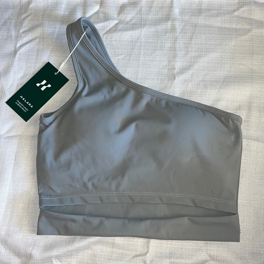 Gray one shoulder sports bra
